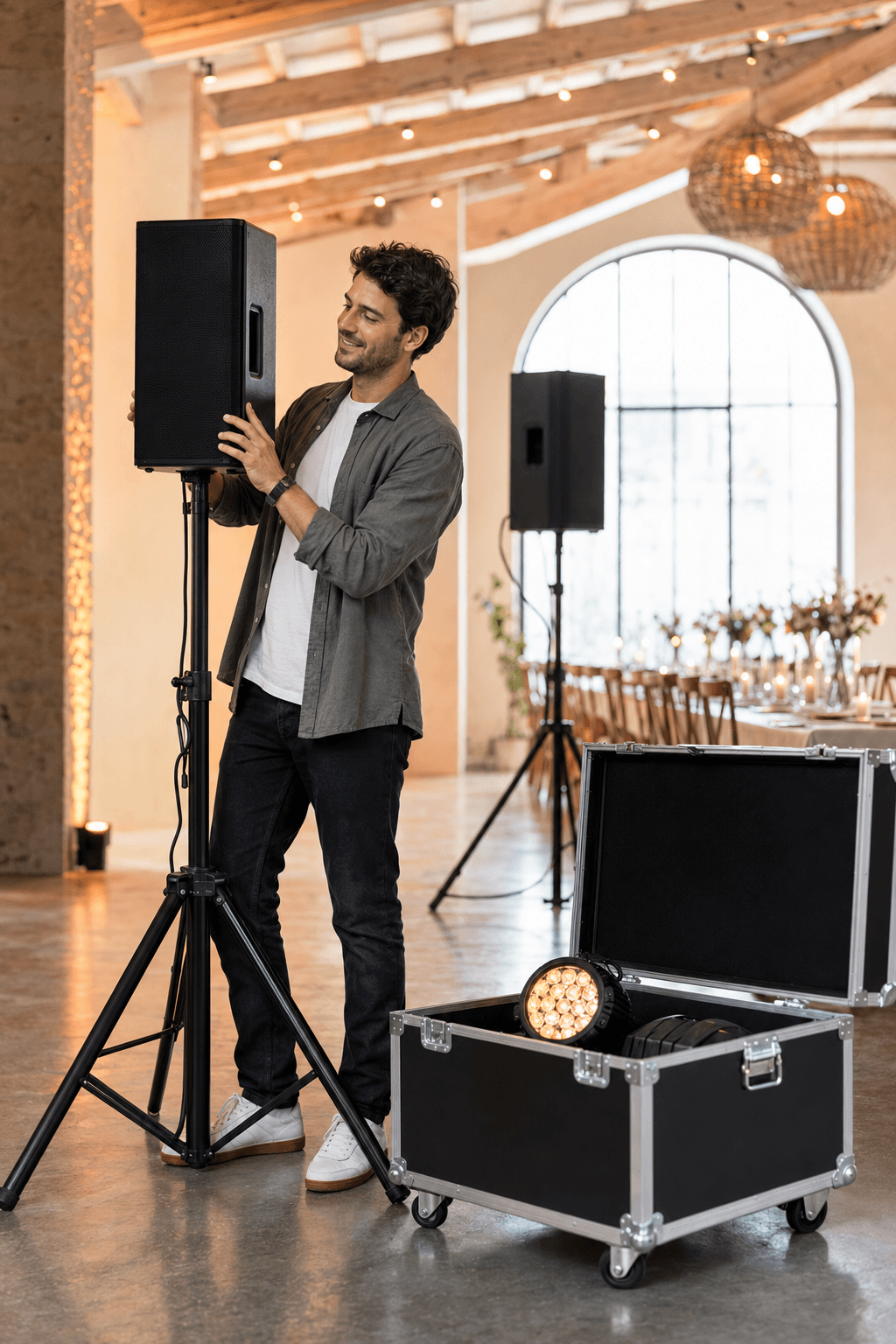 Un prestataire prépare une enceinte pour un événement.